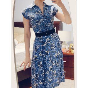 RARE Trashy Diva 1940s Vintage Repro Silk Day Dress in Blue Bows Novelty Print